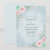 Invitation Mariage Eucalyptus Renoncule Rose Ciel (Devant / Derrière)
