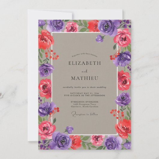 Invitation Mariage Eucalyptus Renoncule Rouge Pourpre (Devant)