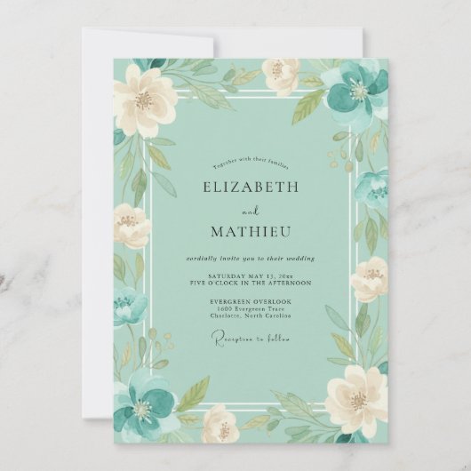 Invitation Mariage Eucalyptus Renoncule Sarcelle Menthe (Devant)