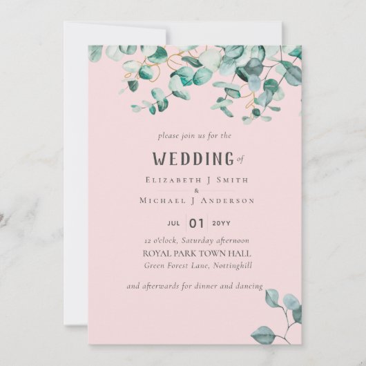 Invitation Mariage Eucalyptus rose Rose poussiéreux (Devant)