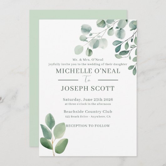 Invitation Mariage Eucalyptus Sage Vert Aquarelle (Devant / Derrière)