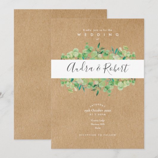 Invitation Mariage eucalyptus verdure botanique rustique (Devant / Derrière)