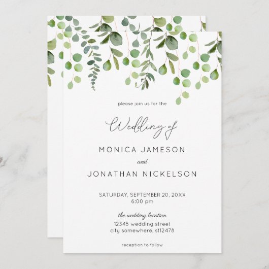 Invitation Mariage Eucalyptus vert (Devant / Derrière)