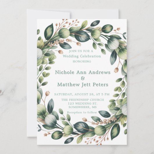 Invitation Mariage Eucalyptus Vert Mint & Sage (Devant)