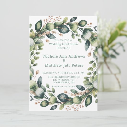 Invitation Mariage Eucalyptus Vert Mint & Sage (Debout devant)