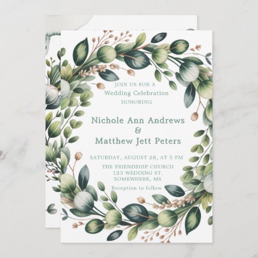 Invitation Mariage Eucalyptus Vert Mint & Sage (Devant / Derrière)