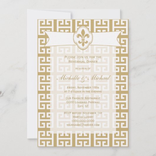 Invitation Mariage événement clé grec Fleur de Lis or blanc (Devant)