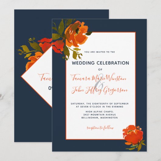 Invitation Mariage/événement Floral de la Marine Orange de Bo (Devant / Derrière)