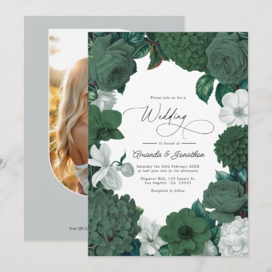 Invitation Mariage Evergreen, Juniper & Blanche-Neige (Devant / Derrière)