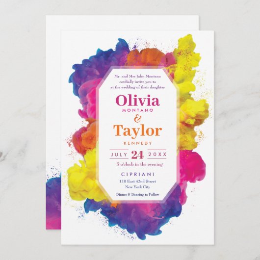 Invitation Mariage Explosion de Couleurs Arc-en-Ciel (Devant / Derrière)