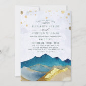 Invitation Mariage extérieur montagne à paillettes or et bleu (Devant)