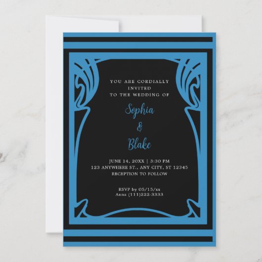 Invitation Mariage Extraordinaire Art déco noir et bleu (Devant)