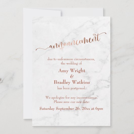 Invitation Mariage "Faire-part" reporté en marbre (Devant)