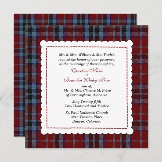 Invitation Mariage fait sur commande bleu et rouge de plaid (Devant / Derrière)