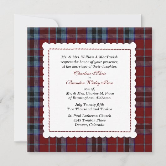 Invitation Mariage fait sur commande bleu et rouge de plaid (Devant)