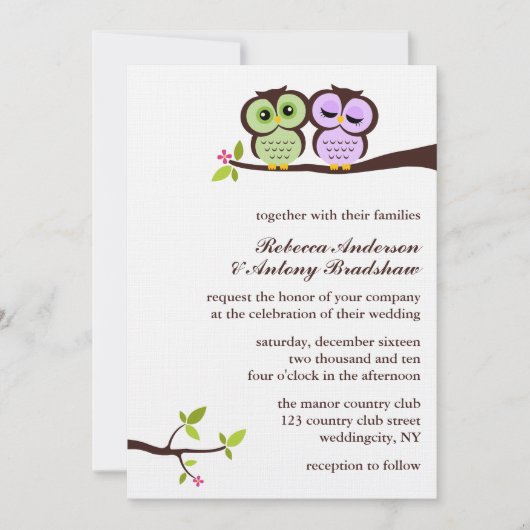 Invitation Mariage fait sur commande de beaux hiboux (Devant)
