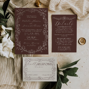 Invitation Mariage Fancy Chocolat Brun Floral Ancien Argent