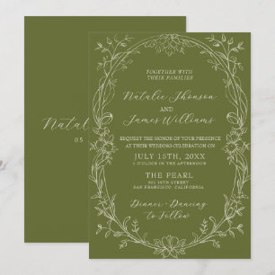 Invitation Mariage Fancy Vert Olive Floral Vieille Fortune