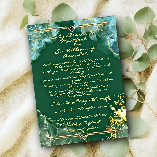 Invitation Mariage Fantaisie2 Marbre Vert Or Romantique
