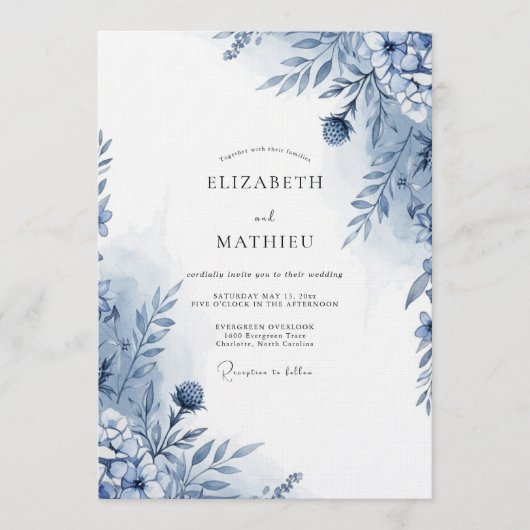 Invitation Mariage Fantaisie Botanique Bleu (Devant)