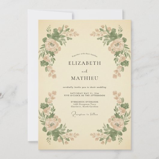 Invitation Mariage Fantaisie Botanique Teinte de Pêche (Devant)