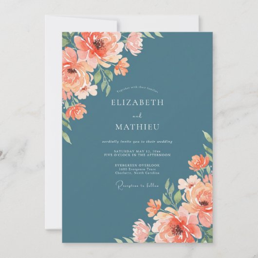 Invitation Mariage Fantaisie Corail Sarcelle en Fleur (Devant)