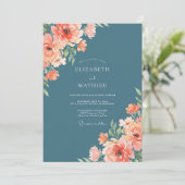 Invitation Mariage Fantaisie Corail Sarcelle en Fleur (Debout devant)