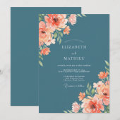 Invitation Mariage Fantaisie Corail Sarcelle en Fleur (Devant / Derrière)