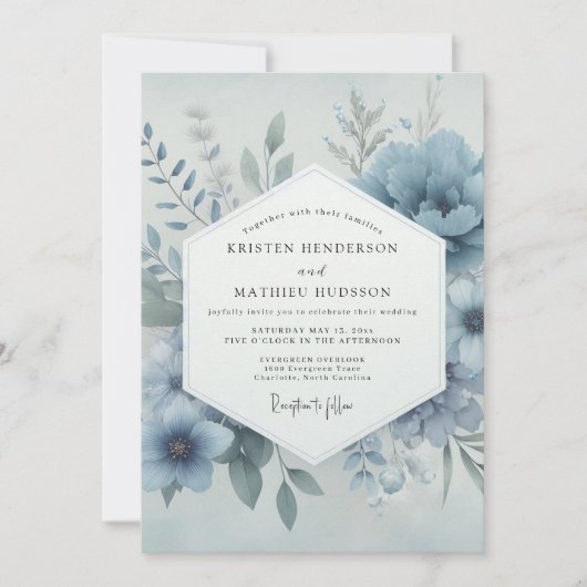 Invitation Mariage Fantaisie Fleur Bleue Poussiéreuse (Devant)