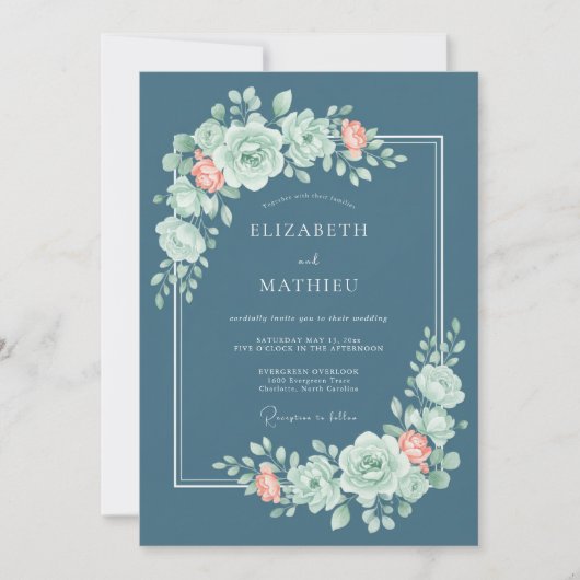 Invitation Mariage Fantaisie Fleur Rose Sarcelle (Devant)