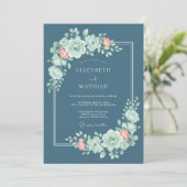 Invitation Mariage Fantaisie Fleur Rose Sarcelle (Debout devant)