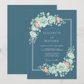 Invitation Mariage Fantaisie Fleur Rose Sarcelle (Devant / Derrière)