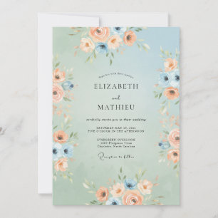 Invitation Mariage Fantaisie Fleurie Bleu Pêche