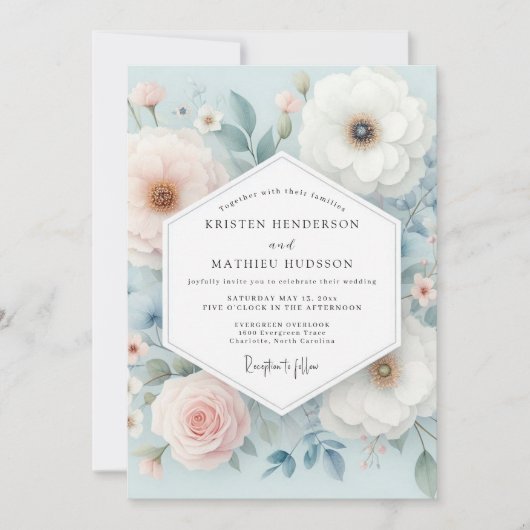 Invitation Mariage Fantaisie Florale Bleu Clair (Devant)