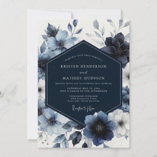 Invitation Mariage Fantaisie Florale Bleu Marine (Devant)