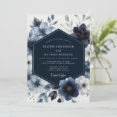 Invitation Mariage Fantaisie Florale Bleu Marine (Debout devant)