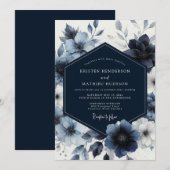 Invitation Mariage Fantaisie Florale Bleu Marine (Devant / Derrière)