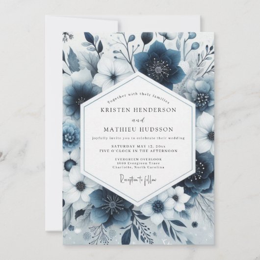Invitation Mariage Fantaisie Florale Bleu Marine (Devant)