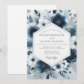 Invitation Mariage Fantaisie Florale Bleu Marine (Devant / Derrière)