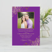 Invitation Mariage Fantaisie Photo & Code QR Violet & Or (Debout devant)