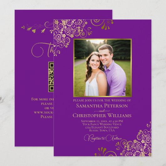 Invitation Mariage Fantaisie Photo & Code QR Violet & Or (Devant / Derrière)
