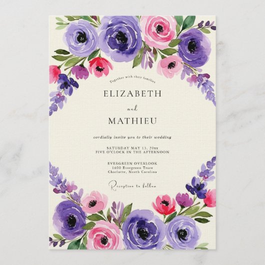 Invitation Mariage Fantaisie Rose Violet (Devant)
