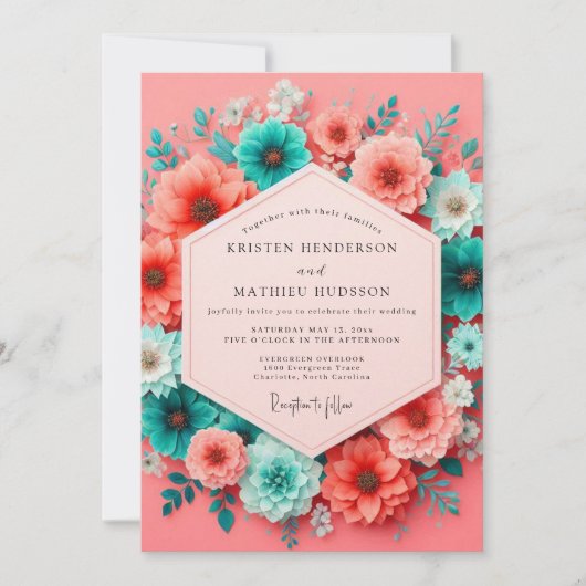 Invitation Mariage Fantaisie Teinte de Bleu-vert Corail (Devant)