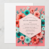 Invitation Mariage Fantaisie Teinte de Bleu-vert Corail (Devant / Derrière)