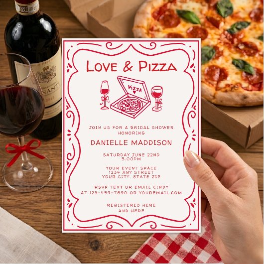 Invitation Mariage Fantaisiste à la Main Amour & Pizza Enterr