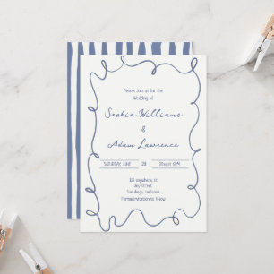 Invitation Mariage fantaisiste à rayures manuscrites bleues