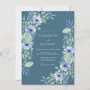 Invitation Mariage Fantaisiste Anémone Pervenche Ardoise