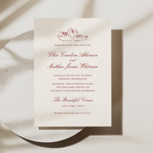 Invitation Mariage fantaisiste aux cygnes illustrés en rouge