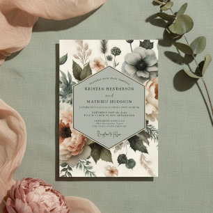 Invitation Mariage Fantaisiste aux Fleurs Bleu Poussiéreux