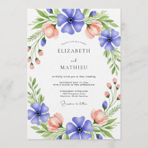 Invitation Mariage fantaisiste aux fleurs bleues et pêche